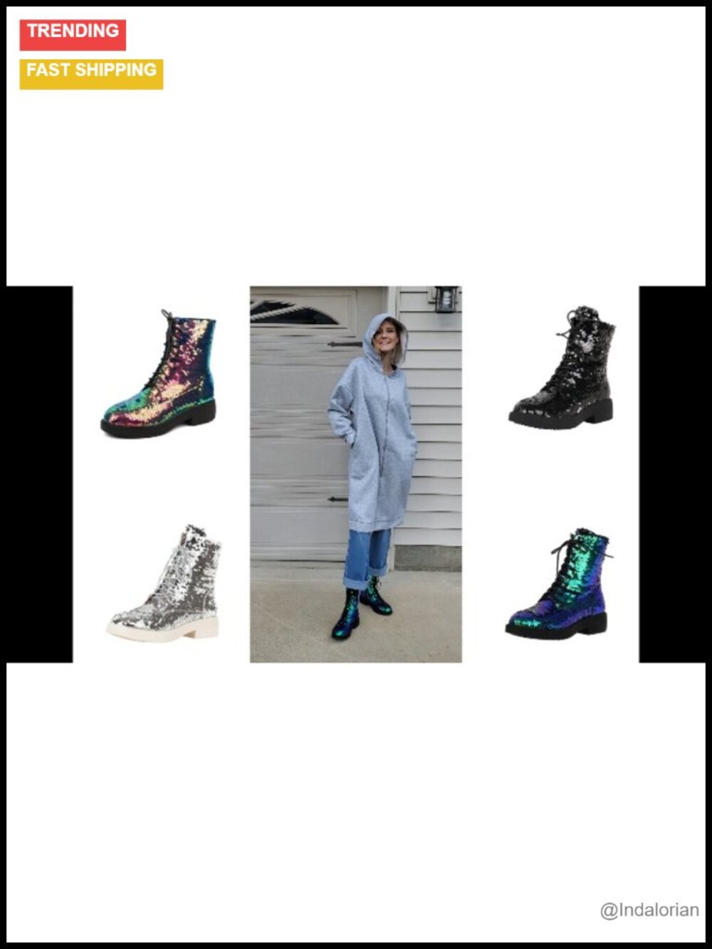 Lace Up Glitter Combat Boots Chunky Heel Sequin Ankle Booties - Picture 6 of 6